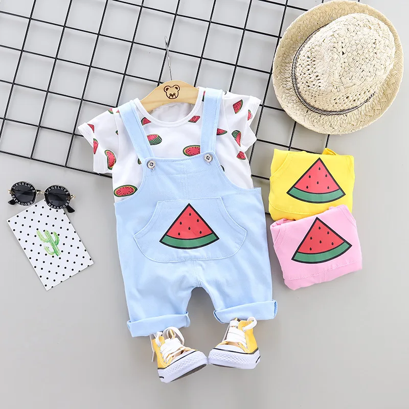 

Summer baby girl clothing set cute fashion tops overall watermelon kids outfits