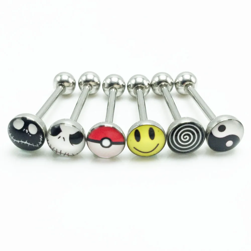 30 штук оптовая продажа языковых колец для пирсинга, штанга из нержавеющей стали 1,6 мм 14G, капля масла кошмарного улыбающегося лица, модные украшения для тела, новые.