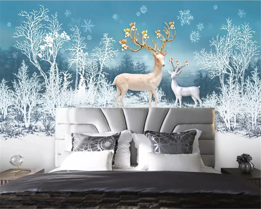 3d обои для домашнего интерьера современная маленькая свежая мечта олень лес снег