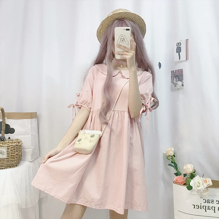 Платье kawaii в японском стиле милое платье с короткими рукавами и воротником Питер