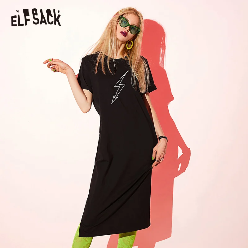 Женское повседневное платье из хлопка ELF SACK, черные уличные женские платья А-силуэта с круглым вырезом и принтом букв для отдыха летом