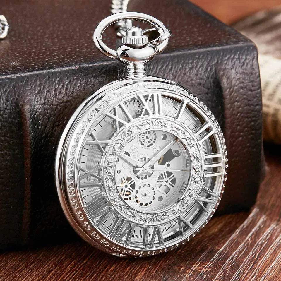 Mechanical Watch Антикварные Механические карманные часы для мужчин и женщин, часы с римскими цифрами и циферблатом, роскошные Серебристые часы со скелетом и цепочкой, Прямая поставка - Цвет: Mechanical Watch