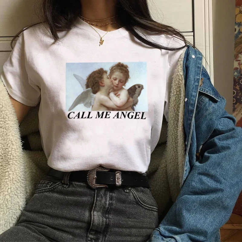 Женская футболка с рисунком PUDO HJN Call Me Angel белая черная розовая хипстерская
