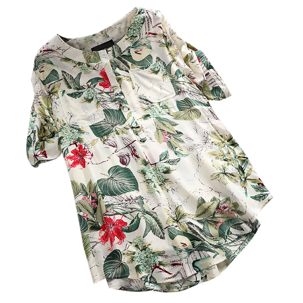 Женская летняя повседневная футболка с цветочным принтом модная льняная