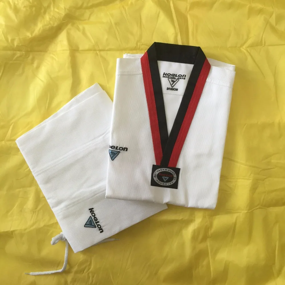 

Brand New KOELON adult children long-sleeve white taekwondo dobok suits Professional fringe paragraph uniforms 2018 Wholesale