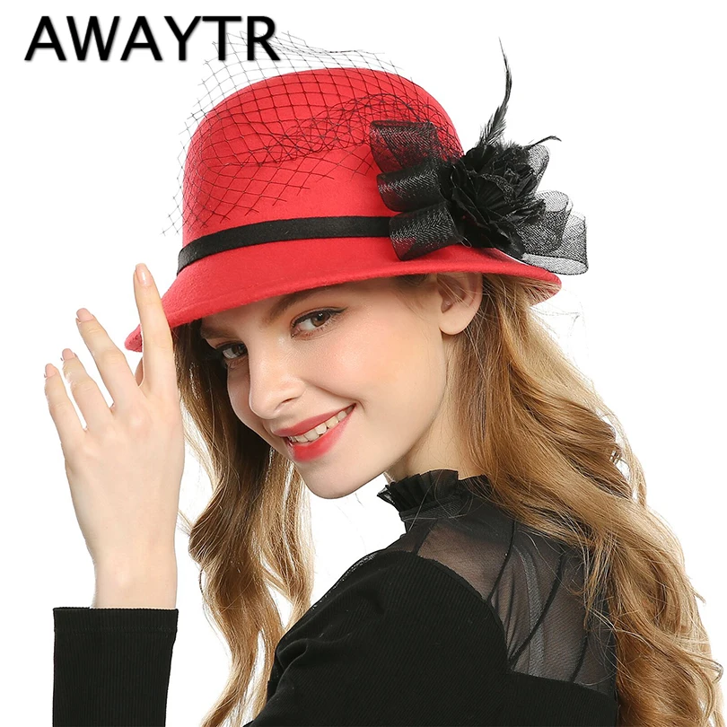 AWAYTR, новинка, женская классическая шерстяная черная шляпа с бантом, фетровая Коктейльная, вечерние, свадебная, церковная фетровая шляпа, модные вечерние шляпы с цветами