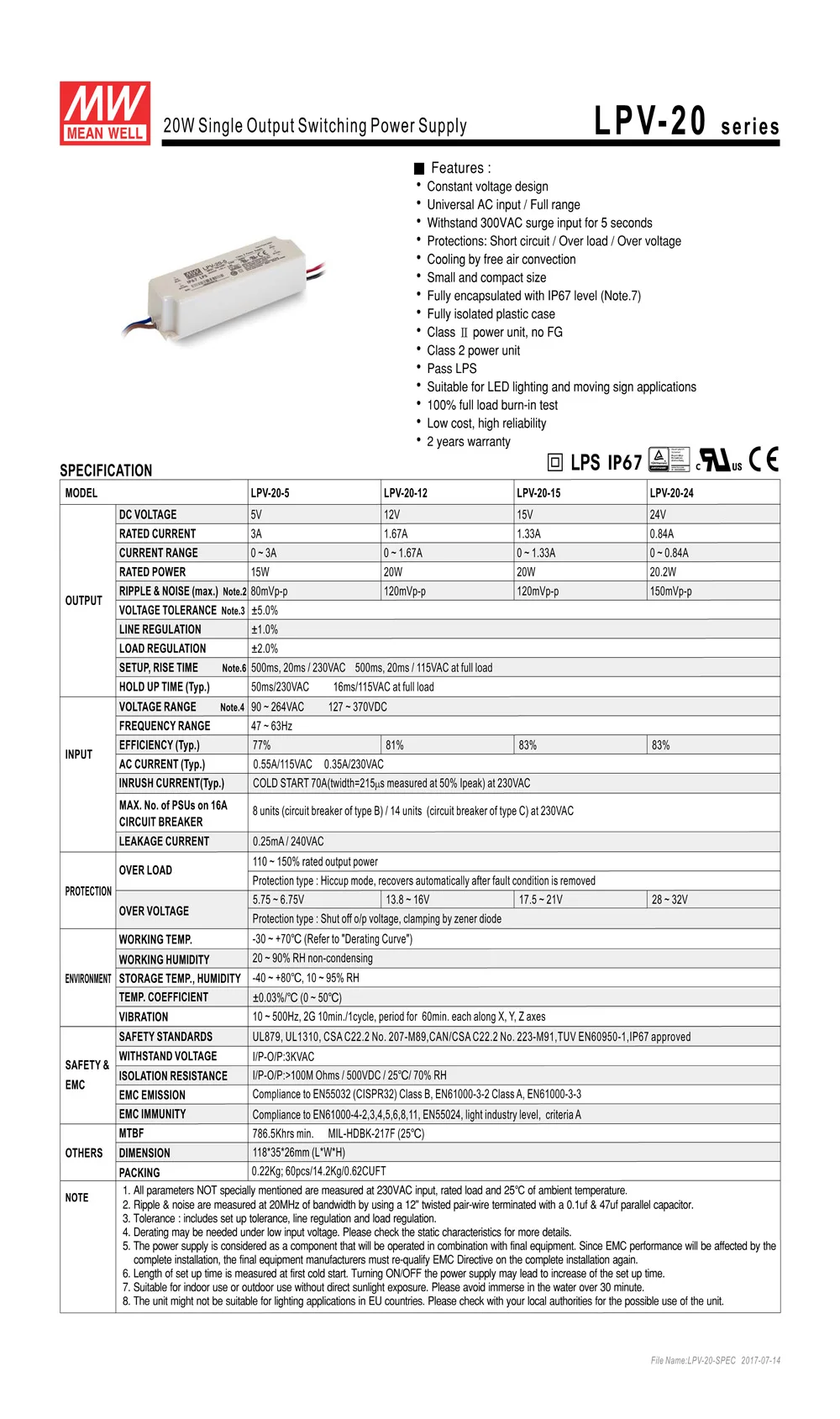 MEAN WELL LPV-20-24 20 Вт 0.84A 24 В Светодиодный источник питания meanwell IP67 Водонепроницаемый Светодиодный драйвер LPV-20 серии вход 90-264VAC