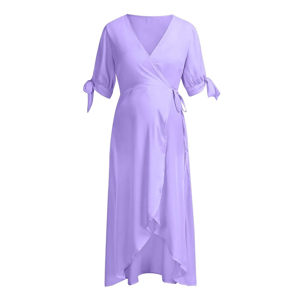 Purple Для беременных женщин модное однотонное платье с короткими рукавами и v-образным вырезом для беременных, Повседневное платье ropa embarazada zwangerschaps kleding premama - Цвет: Purple