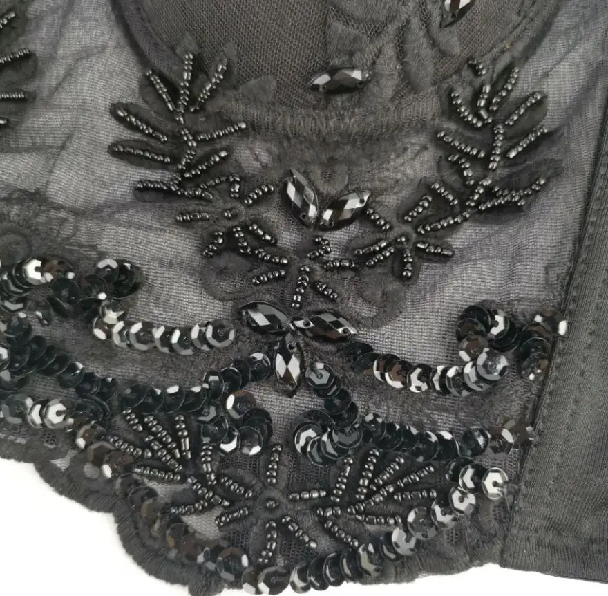 Черный цвет стразы Кружевное Бюстье жемчуг пуш-ап корсет Свадебная вечеринка для