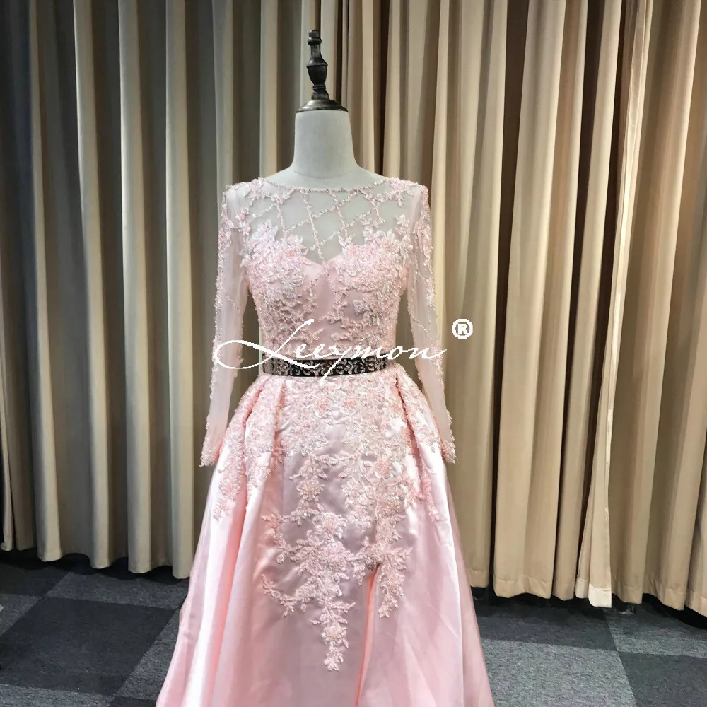 Leeymon Long Sleeves Open Back Pink Satin Prom Dress Court Train Fashion 2020 New Prom Gown for Party LY7251