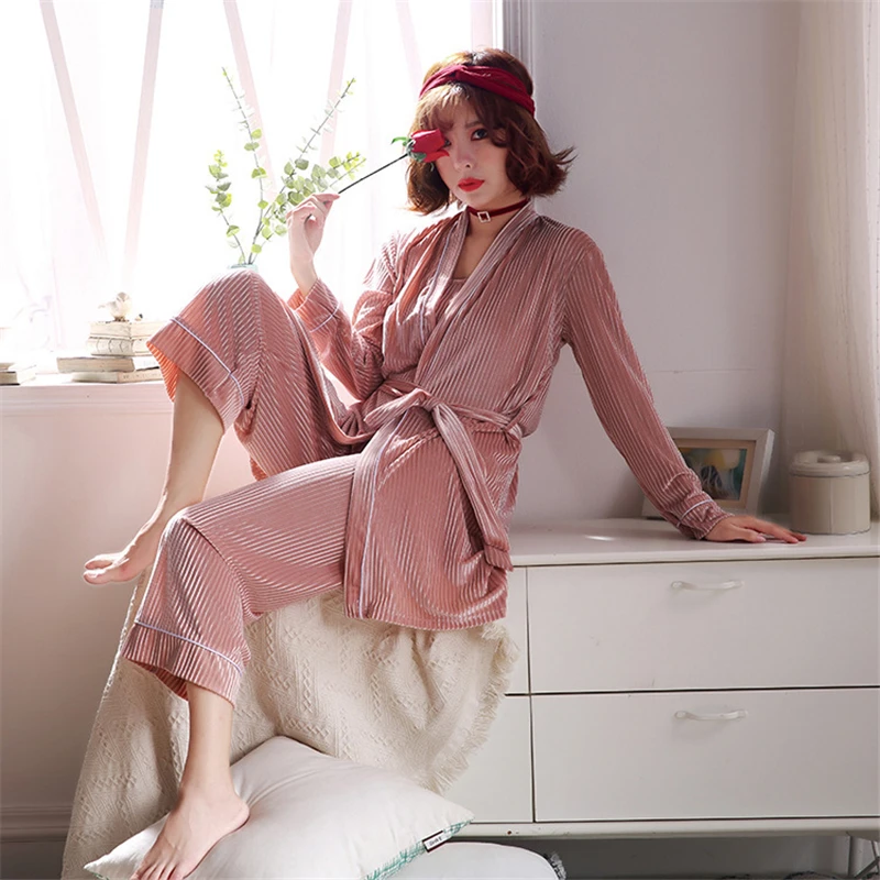 Женские пижамные комплекты золотистая бархатная теплая пижама из 3 предметов