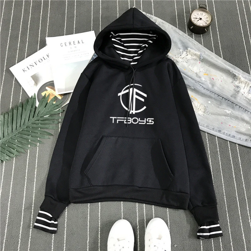 Модные толстовки Tfboys Kpop с имитацией двух предметов толстовка длинными рукавами