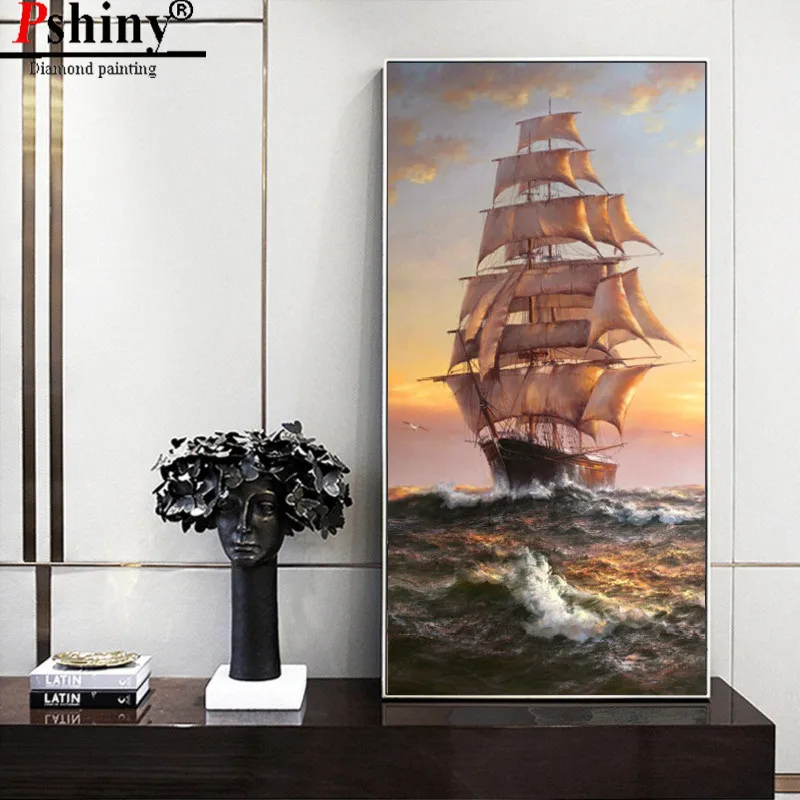 PSHINY DIY 5D алмазная вышивка продажа парусный корабль пейзаж Картина стразами