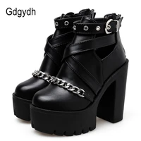 gdgydh plus size 42 fashion chain women shoes zipper square high heel ankle boots for women punk shoes platform spring autumn