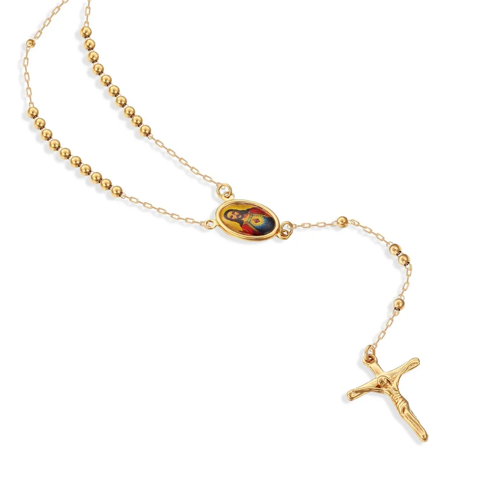 Желтое Золото Цвет Иисус портрет крест распятие четки Бусы Длинные Ожерелья для