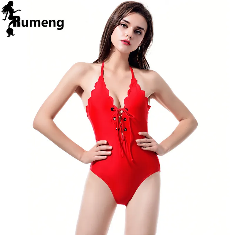 RUMENG Новинка 2018 красный бандажный Цельный купальник на бретелях гребешок линия