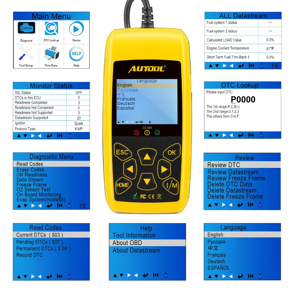 Autool CS520 obd2 сканер автомобильный считыватель кодов цифровой диагностический