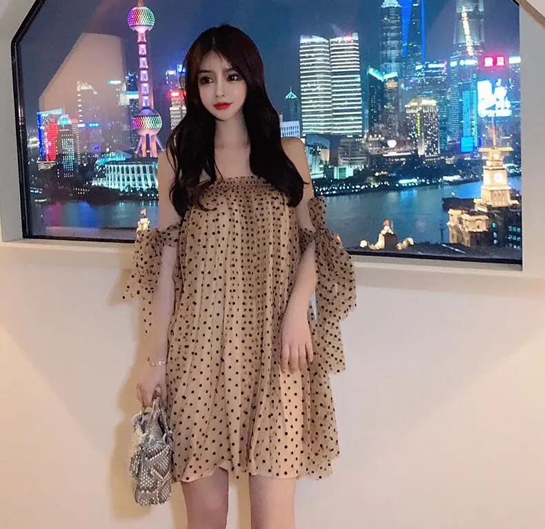WHITNEY WANG 2019 летняя мода уличная сексуальное платье без бретелек в горошек Сетчатое