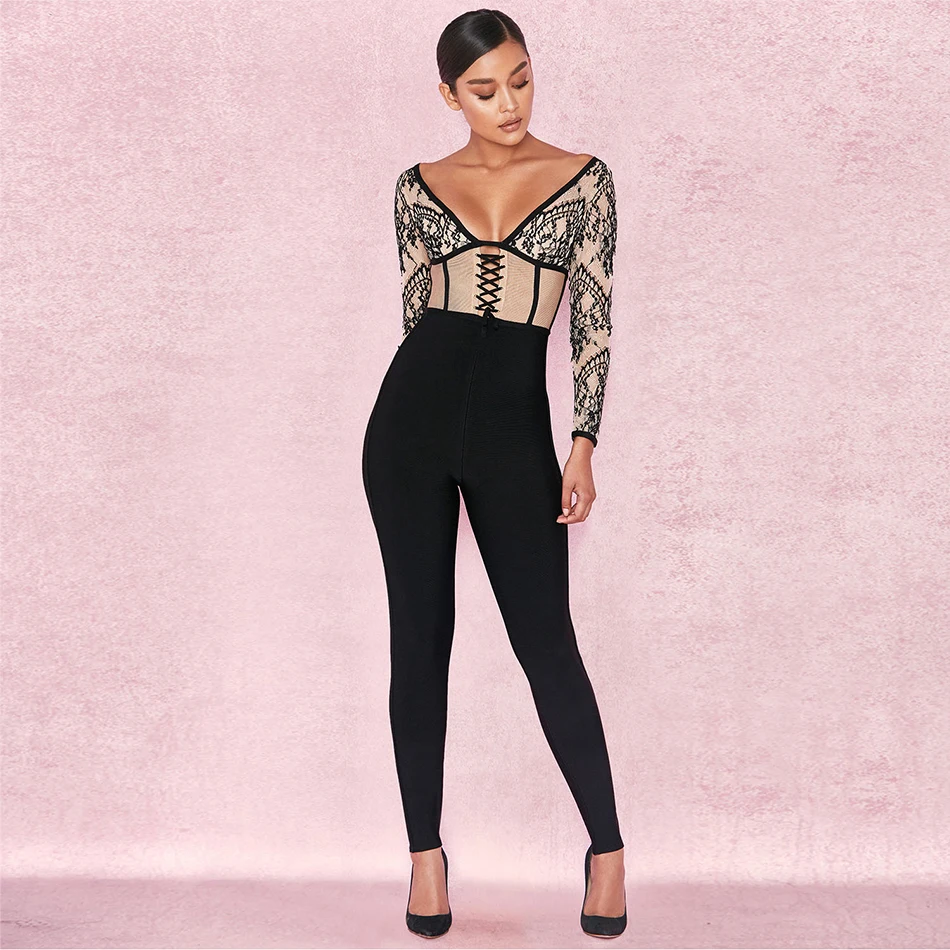 Женский Облегающий комбинезон с длинным рукавом черный облегающий клубный