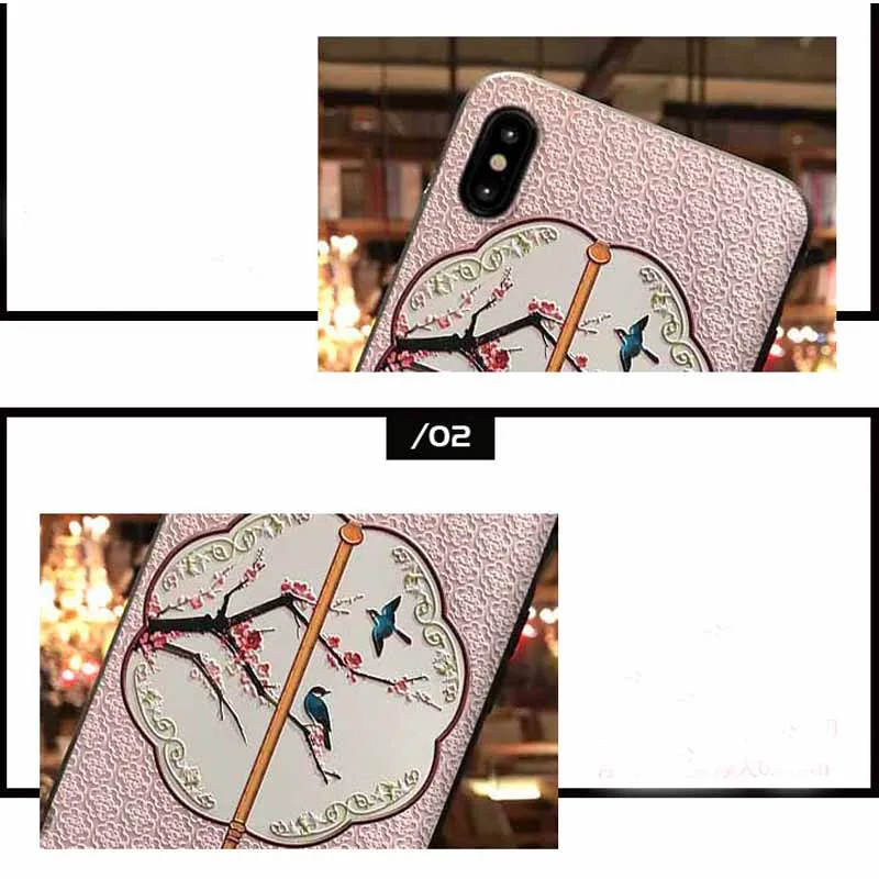 JIBAN Chinese style pink fan magpie Phone Case for iphone X XS XR XSMAX 6s 6plus 7 7plus 8 Cover Soft Silicon protection sleeve |