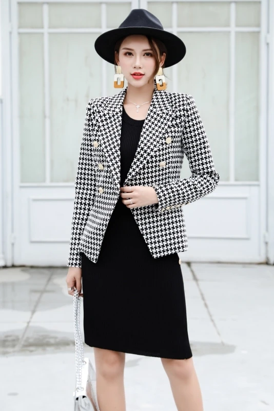 

Runway fashion retro houndstooth short coat 2019 spring new suit collar double-breasted England slim long sleeve small suit tide