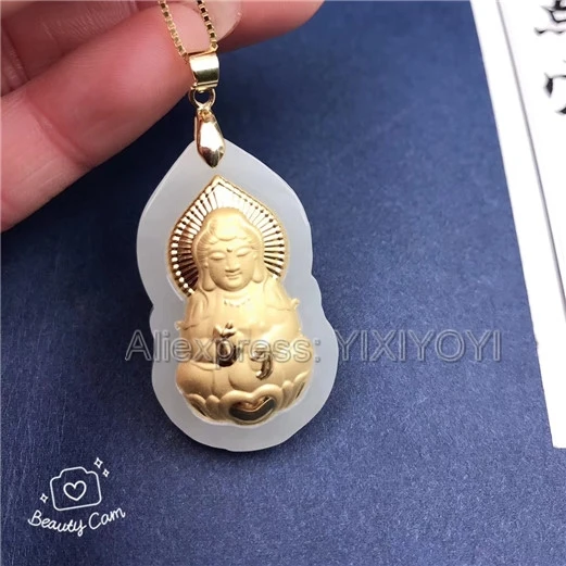 Натуральный белый нефрит + 18K твердый Золотой инкрустированный кулон GuanYin Blessing Lucky