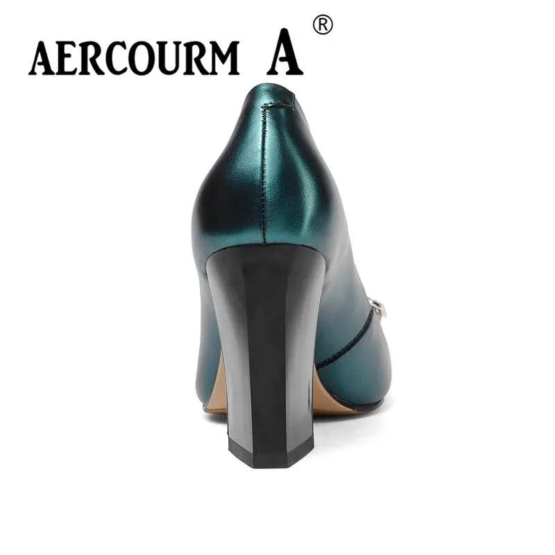 Aercourm A 2018 new Women metal button Shoes Female Genuine Leather High Heel Pumps crystal Square Heels Brand Z306 | Обувь