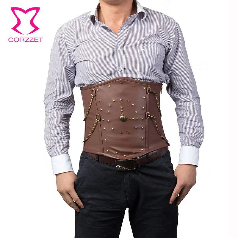 

Corzzet Brown Leather Underbust Steampunk Mens Corsets And Bustiers Waist Taining Men Cincher Burlesque Gothic Men Corset