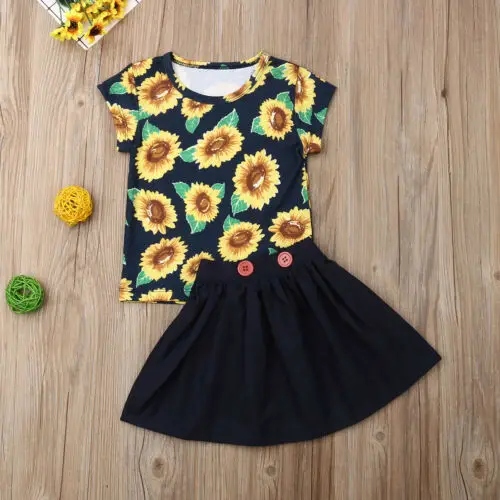 Комплекты для новорожденных девочек топы с подсолнухами футболка юбка комплекты