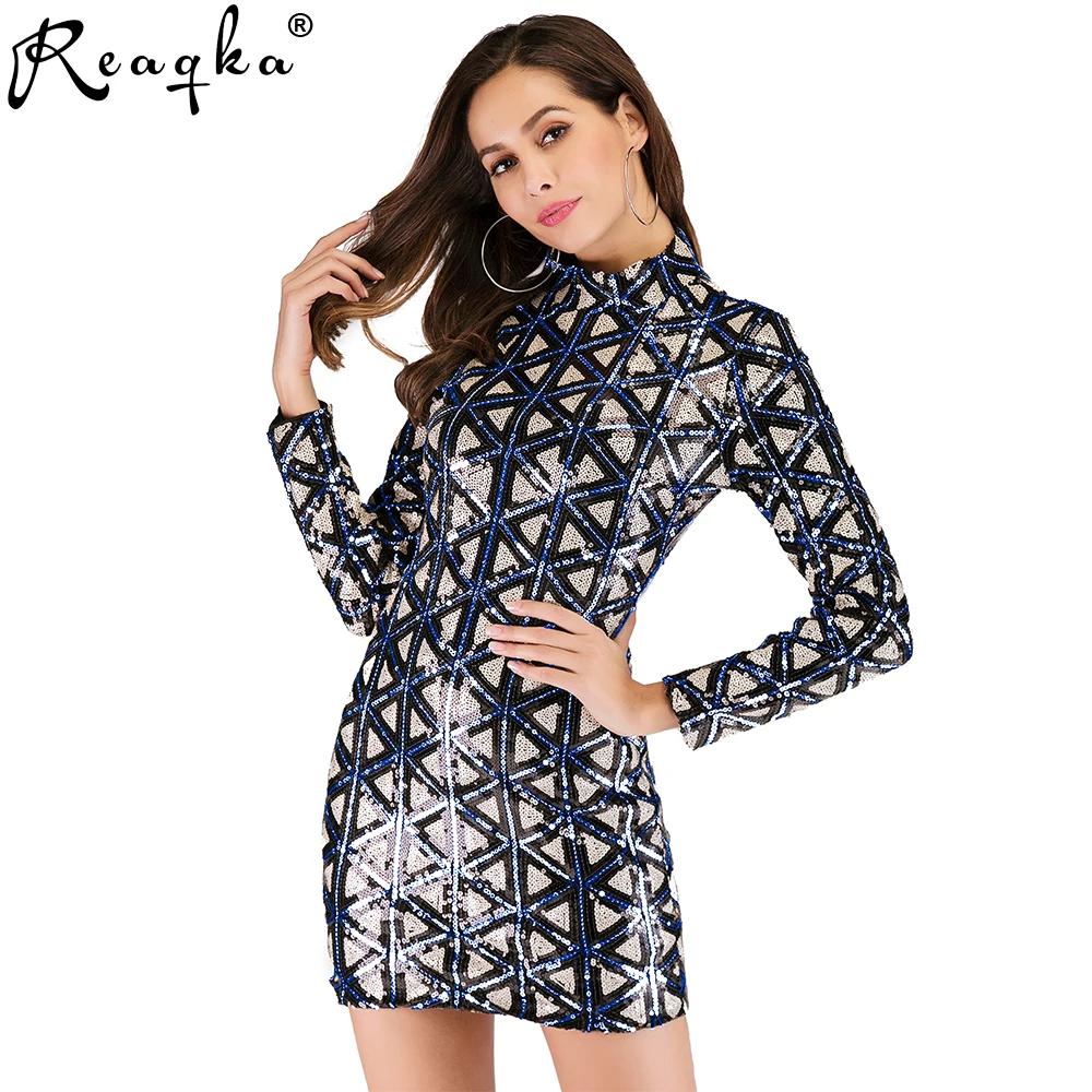 

2019 New Black Long Sleeve Turtleneck Sequins Dress Sexy Bodycon Sheath Gold Pattern High Neck Party Dresses Nightclub Vestidos