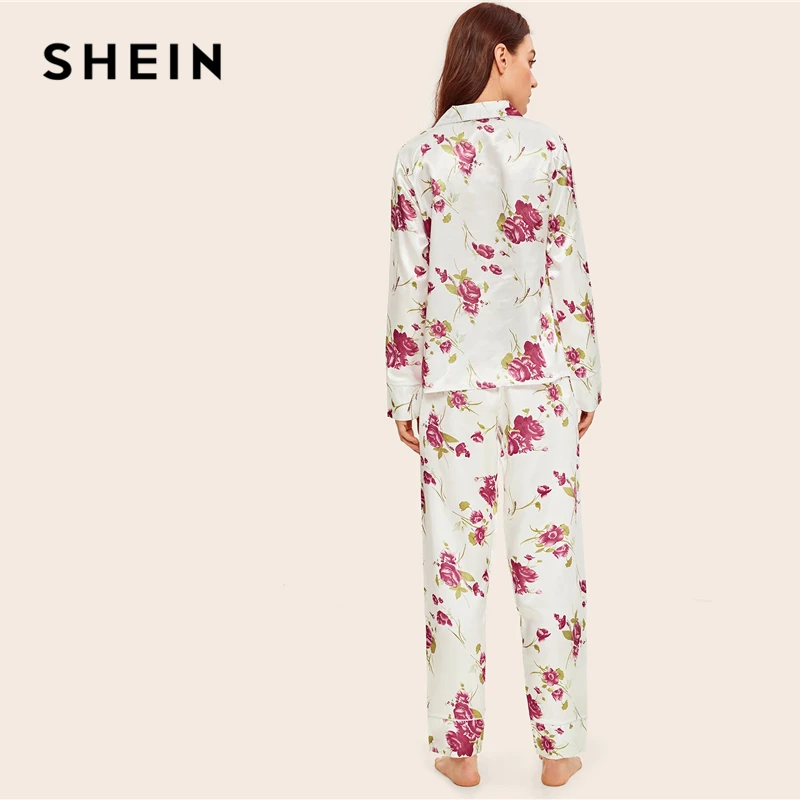 SHEIN, сатиновый пижамный комплект с цветочным принтом, женская одежда, весна-осень, длинные комплекты с пуговицами, с карманами, с длинным рукавом, пижамные комплекты, одежда для сна