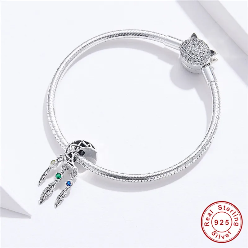 Fit Pandora браслет серебро 925 оригинальные богемные украшения с перьями S925 Винтаж Круглый Циркон сказка луна бусины для изготовления ювелирных изделий