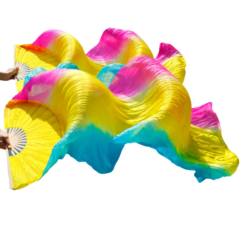 

High Quality 100% Real Silk Fans 1Pair Handmade Dyed Silk Belly Dance Fans Dance Vertical Stripes Turquoise+Yellow+Rose 180x90cm