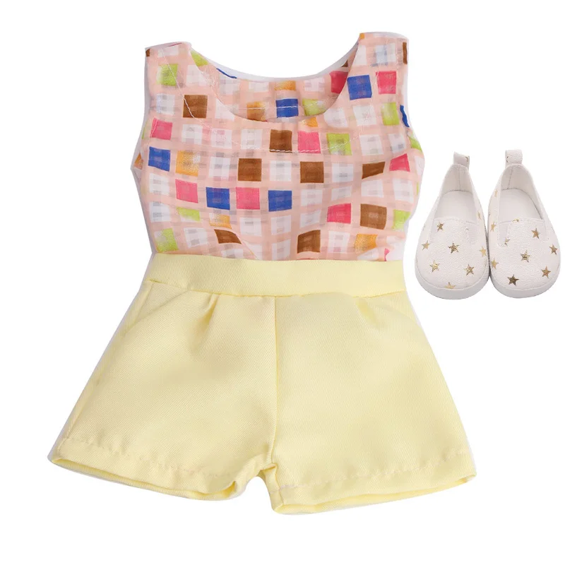 Yellow 18 дюймовая кукольная одежда для девочек, повседневный костюм, кружевная юбка, футболка с обувью, американское платье для новорожденных, детские игрушки, подходят для 43 см, детские куклы c52 - Цвет: Yellow