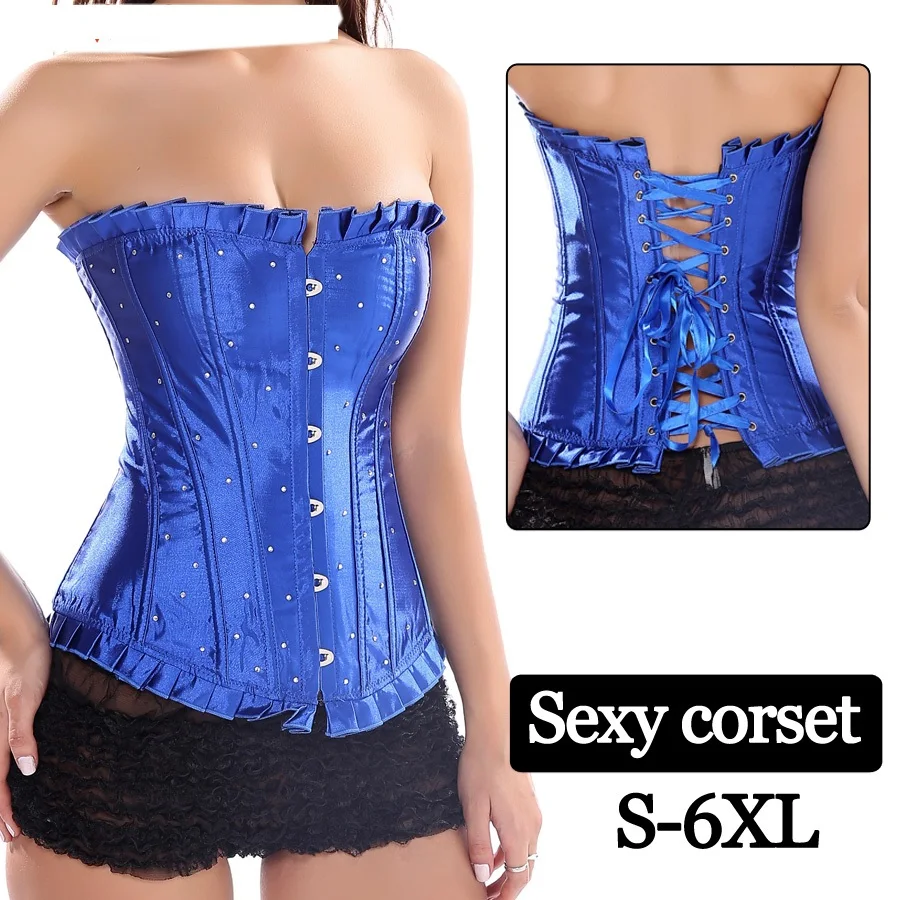 

Womens Waist Cincher Corsets Black Satin Sexy Strong Boned Corset Top Lace Up Bustier plus size 6XL 5XL 4XL