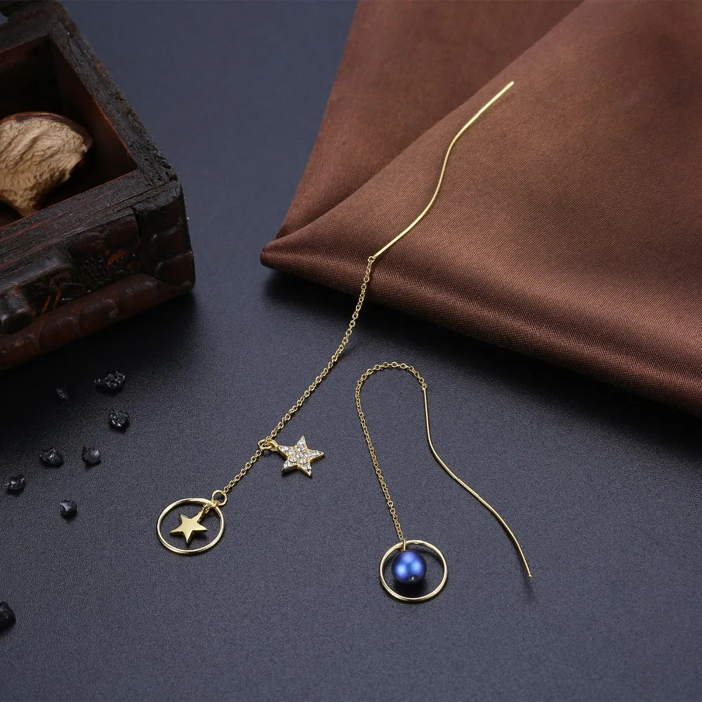 Женские асимметричные серьги с кристаллами Swarovski круглые длинной цепочкой в