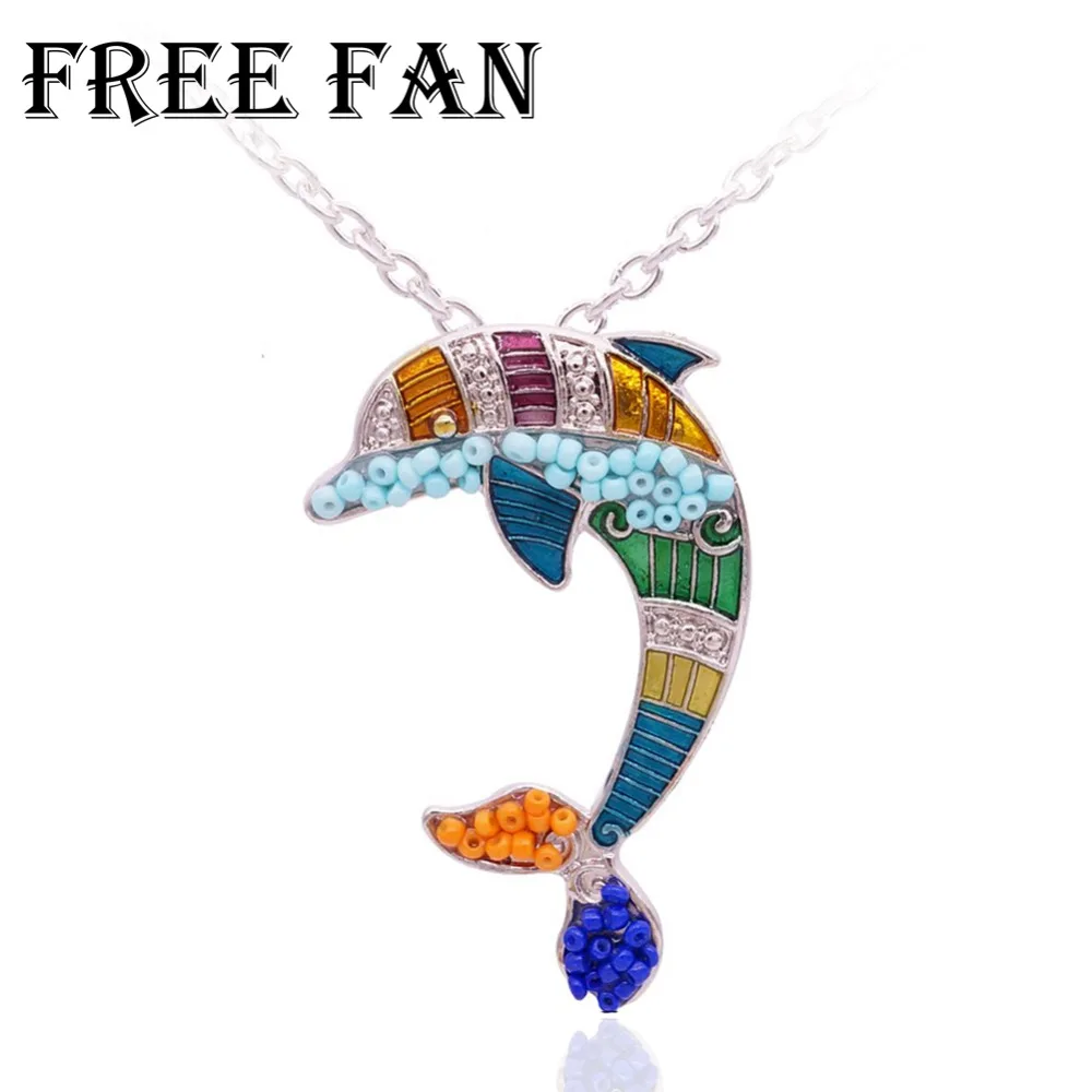 Free Fan Beaded Enamel Silver Dolphin Necklace Pendant Fashion Sea Animal Jewelry Accessories For Women Girls | Украшения и