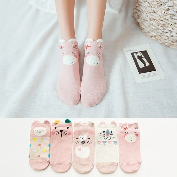Pink cat Socks 5 пар, милые хлопковые носки с животными женские летние короткие носки с изображением единорога, кота, сердца женские повседневные Мягкие забавные носки, Размеры 35-40 - Цвет: Pink cat Socks