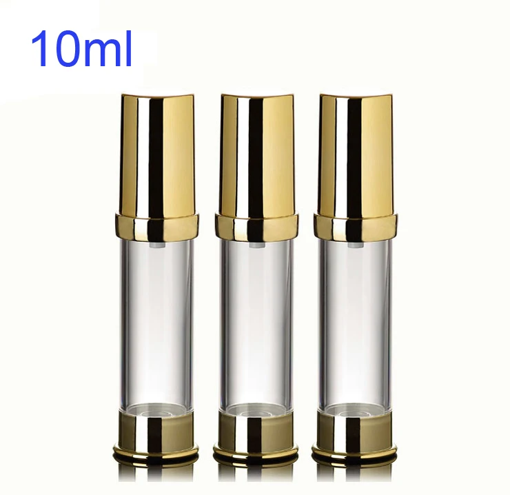 

300pcs/lot 10ml Empty plastic Split charging bottle, 10cc Airless Lotion Pump Bottles. Refillable Container with gold lids