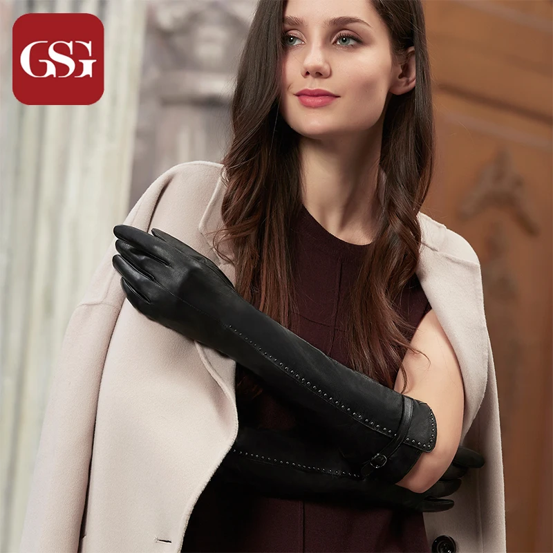 Женские длинные перчатки из натуральной кожи с шипами|black mittens|long genuine leather glovesgenuine