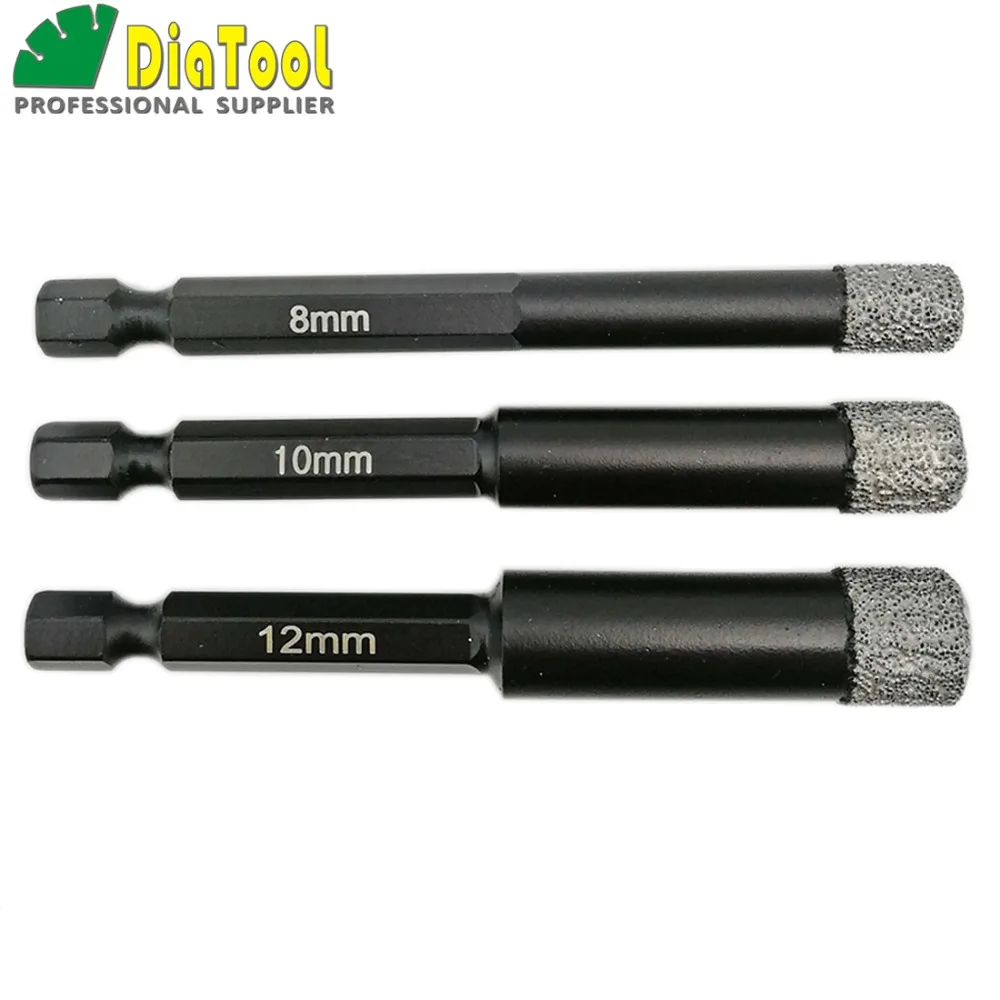 

DIATOOL 3PK (8MM+10MM+12MM) Vaccum Brazed Diamond Drilling Bits for Stone Porcelain/Tile Masonry Dry drilling quick-fit Shank