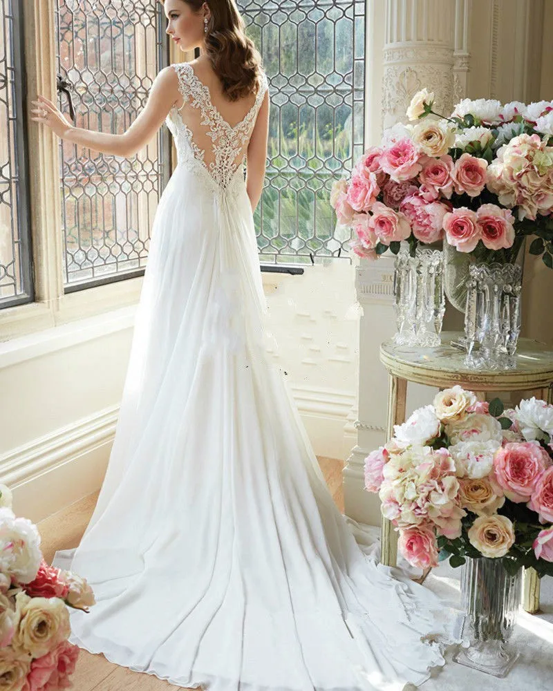 Элегантное шифоновое кружевное платье с v образным вырезом и кристаллами Vestidos De