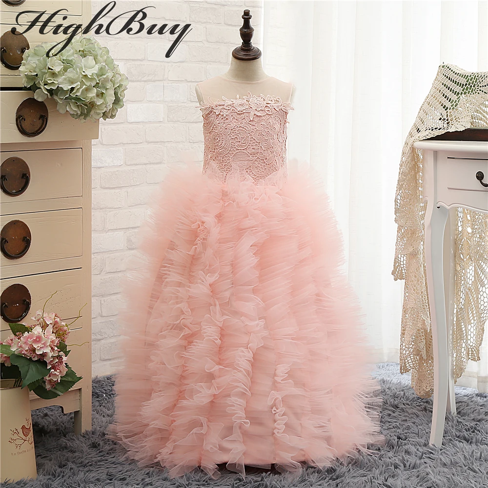 Highbuy прекрасный оборками Кружева Дети Нарядные платья Line 2017 розовый Платье в