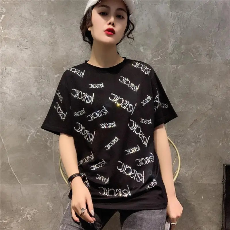 

Zuolunouba Summer women cotton T shirt loose shiny fashion letters hot drilling tees tops women's clothing