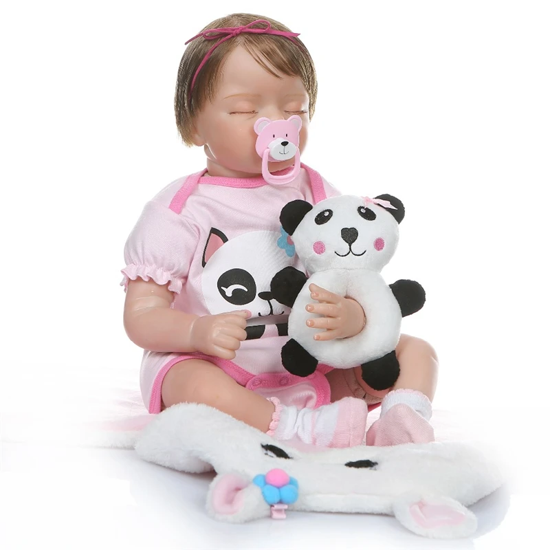 NPK 55cm Newborn Baby Doll Bebe Realistic Reborn Sleeping Girl Soft Cotton Body Rooted Hair In Panda Dress | Игрушки и хобби