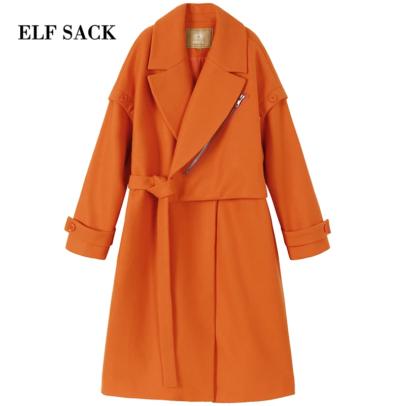 Женские однотонные куртки ELFSACK с длинным рукавом и отложным воротником широкой