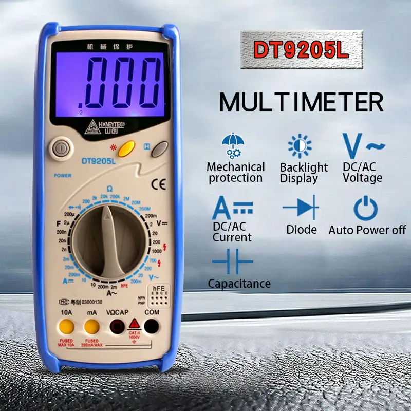 DT9205L Портативный NCV Цифровой мультиметр подсчитывает Автоматический диапазон AC/DC измеритель напряжения светильник-вспышка подсветка большой экран ручной ом тестер - Цвет: DT9205L