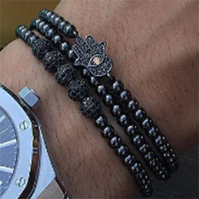 Мужской браслет 2020 3 шт./компл. черные круглые браслеты с микрозакрепкой из