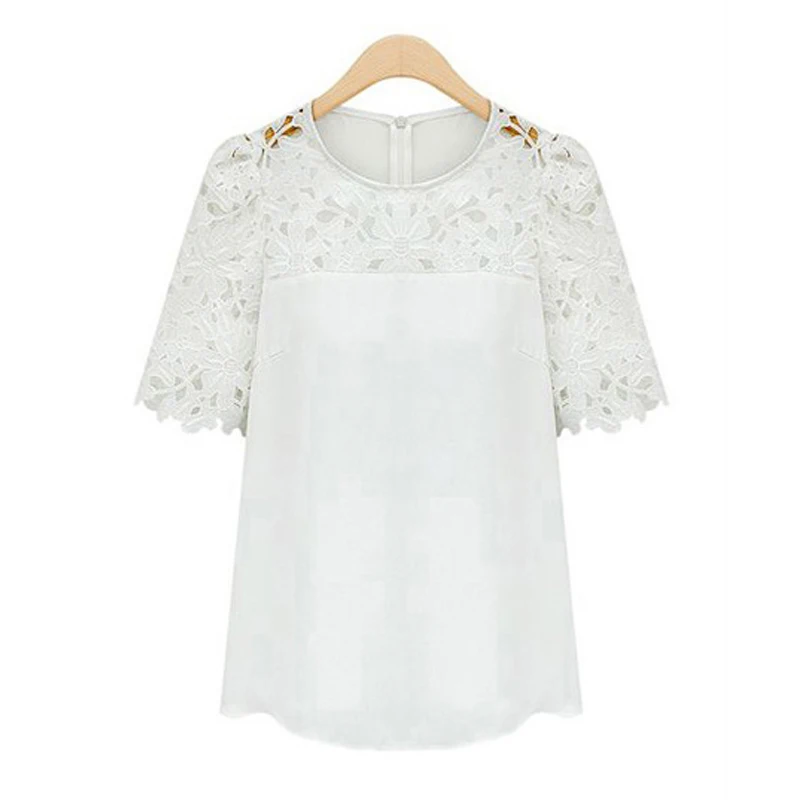 2016 летняя женская шифоновая блузка белая кружевная с баской круглый вырез