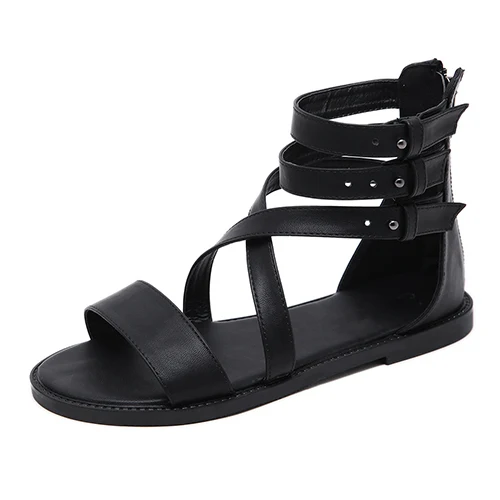 black shoes Gdgydh/сандалии-гладиаторы; женская летняя кожаная обувь черного цвета с открытым носком; пикантная женская обувь для отдыха на плоской подошве с заклепками; Прямая поставка - Цвет: black shoes
